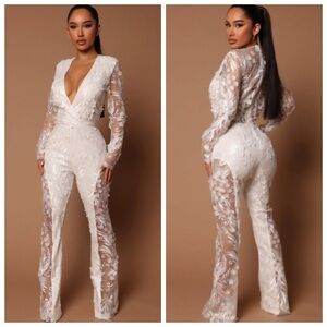 Fashion Nova Chantal Lace Jumpsuit Women’s Size XS White Long Sleeve Deep V Neck